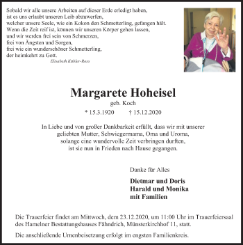Traueranzeige von Margarete Hoheisel von Deister- und Weserzeitung