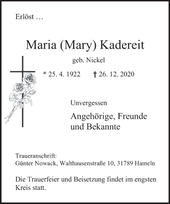 Traueranzeige von Maria  Kadereit von Deister- und Weserzeitung