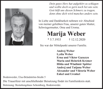 Traueranzeige von Marija Weber von Deister- und Weserzeitung