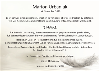Traueranzeige von Marion Urbaniak von Deister- und Weserzeitung