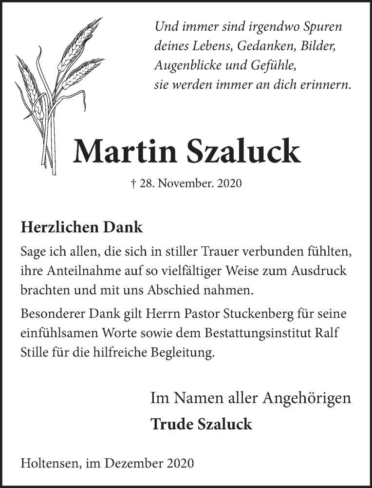  Traueranzeige für Martin Szaluck vom 31.12.2020 aus Neue Deister-Zeitung