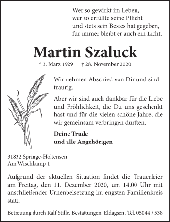 Traueranzeige von Martin Szaluck von Neue Deister-Zeitung