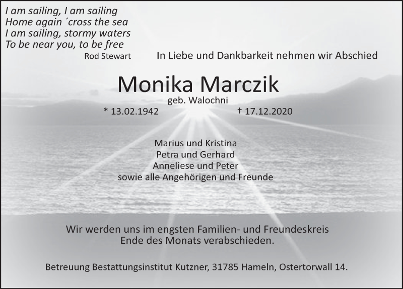  Traueranzeige für Monika Marczik vom 02.01.2021 aus Deister- und Weserzeitung