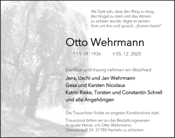 Traueranzeige von Otto Wehrmann von Deister- und Weserzeitung