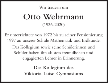 Traueranzeige von Otto Wehrmann von Deister- und Weserzeitung