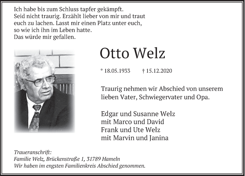  Traueranzeige für Otto Welz vom 23.12.2020 aus Deister- und Weserzeitung