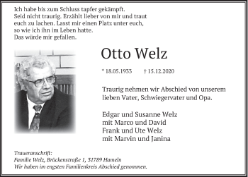 Traueranzeige von Otto Welz von Deister- und Weserzeitung