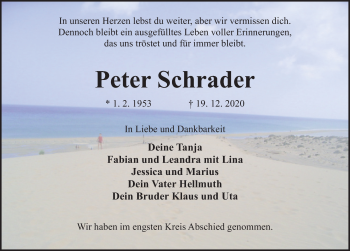 Traueranzeige von Peter Schrader von Deister- und Weserzeitung