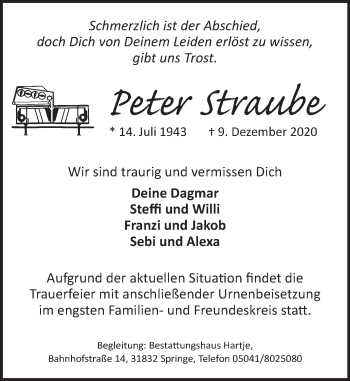 Traueranzeige von Peter Straube von Neue Deister-Zeitung