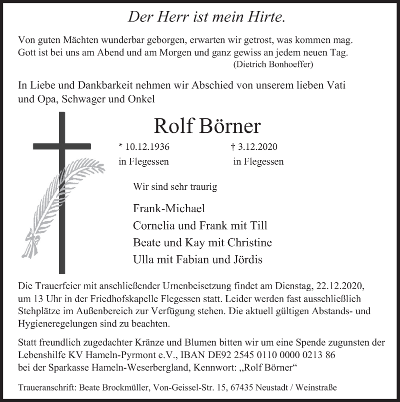  Traueranzeige für Rolf Börner vom 16.12.2020 aus Deister- und Weserzeitung