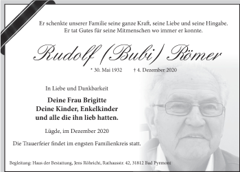 Traueranzeige von Rudolf Römer von Deister- und Weserzeitung