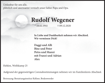 Traueranzeige von Rudolf Wegener von Deister- und Weserzeitung