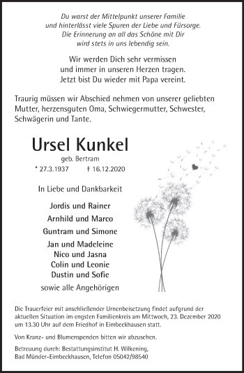 Traueranzeige von Ursel Kunkel von Neue Deister-Zeitung