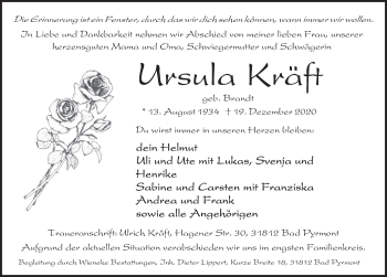 Traueranzeige von Ursula Kräft von Deister- und Weserzeitung