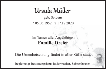 Traueranzeige von Ursula Müller von Deister- und Weserzeitung