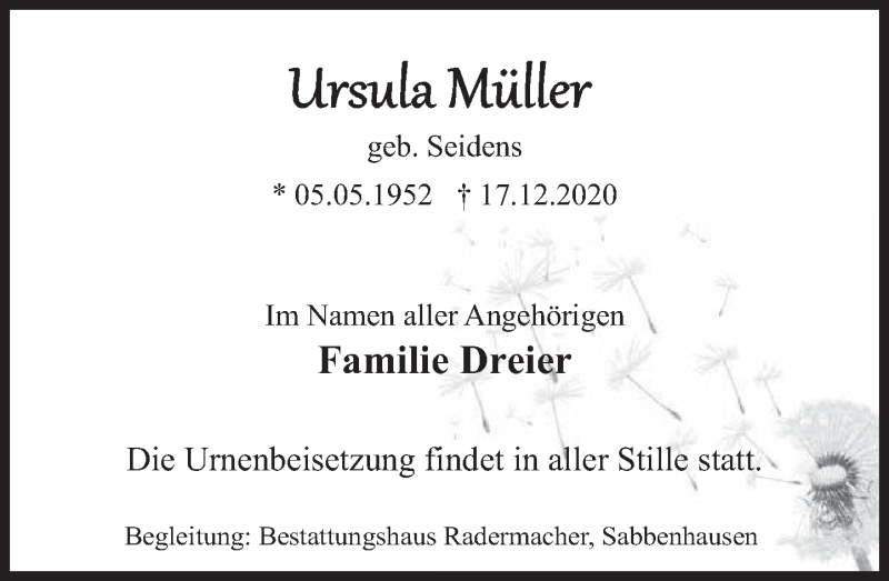  Traueranzeige für Ursula Müller vom 19.12.2020 aus Deister- und Weserzeitung