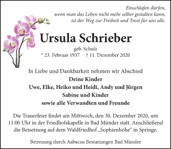 Traueranzeige von Ursula Schrieber von Neue Deister-Zeitung
