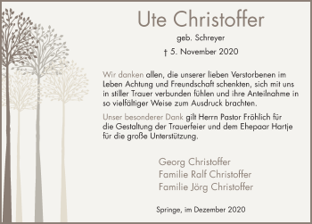 Traueranzeige von Ute Christoffer von Neue Deister-Zeitung
