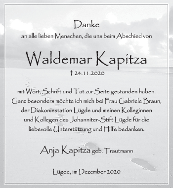 Traueranzeige von Waldemar Kapitza von Deister- und Weserzeitung