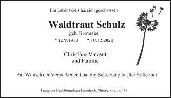 Traueranzeige von Waldtraut Schulz von Deister- und Weserzeitung