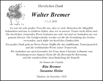 Traueranzeige von Walter Bremer von Deister- und Weserzeitung