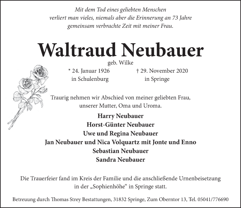  Traueranzeige für Waltraud Neubauer vom 19.12.2020 aus Neue Deister-Zeitung