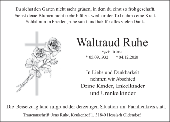 Traueranzeige von Waltraud Ruhe von Deister- und Weserzeitung