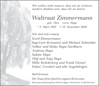 Traueranzeige von Waltraut Zimmermann von Deister- und Weserzeitung
