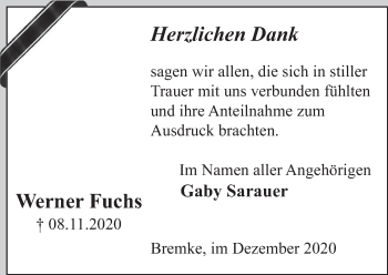 Traueranzeige von Werner Fuchs von Deister- und Weserzeitung