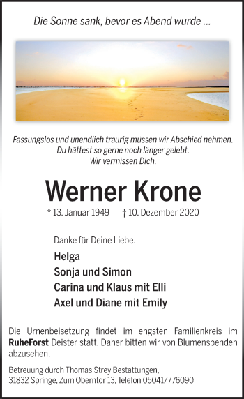 Traueranzeige von Werner Krone von Neue Deister-Zeitung