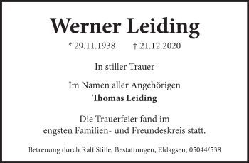 Traueranzeige von Werner Leiding von Neue Deister-Zeitung