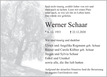 Traueranzeige von Werner Schaar von Deister- und Weserzeitung