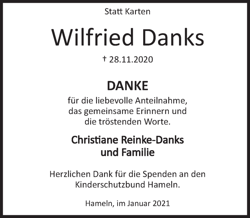  Traueranzeige für Wilfried Danks vom 02.01.2021 aus Deister- und Weserzeitung