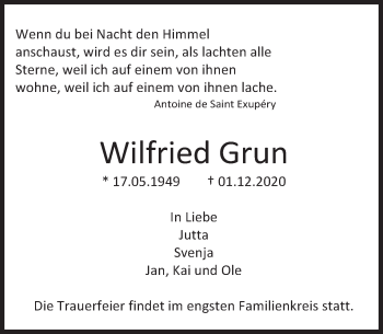 Traueranzeige von Wilfried Grun von Deister- und Weserzeitung