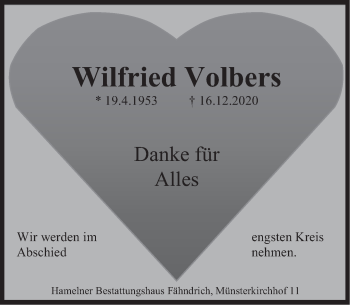 Traueranzeige von Wilfried Volbers von Deister- und Weserzeitung