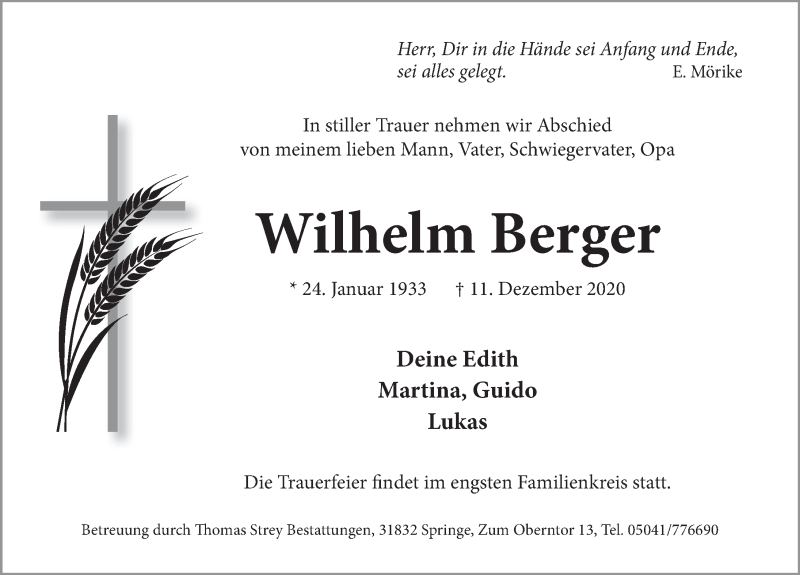  Traueranzeige für Wilhelm Berger vom 19.12.2020 aus Neue Deister-Zeitung