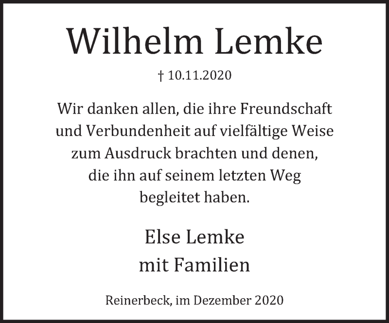  Traueranzeige für Wilhelm Lemke vom 19.12.2020 aus Deister- und Weserzeitung