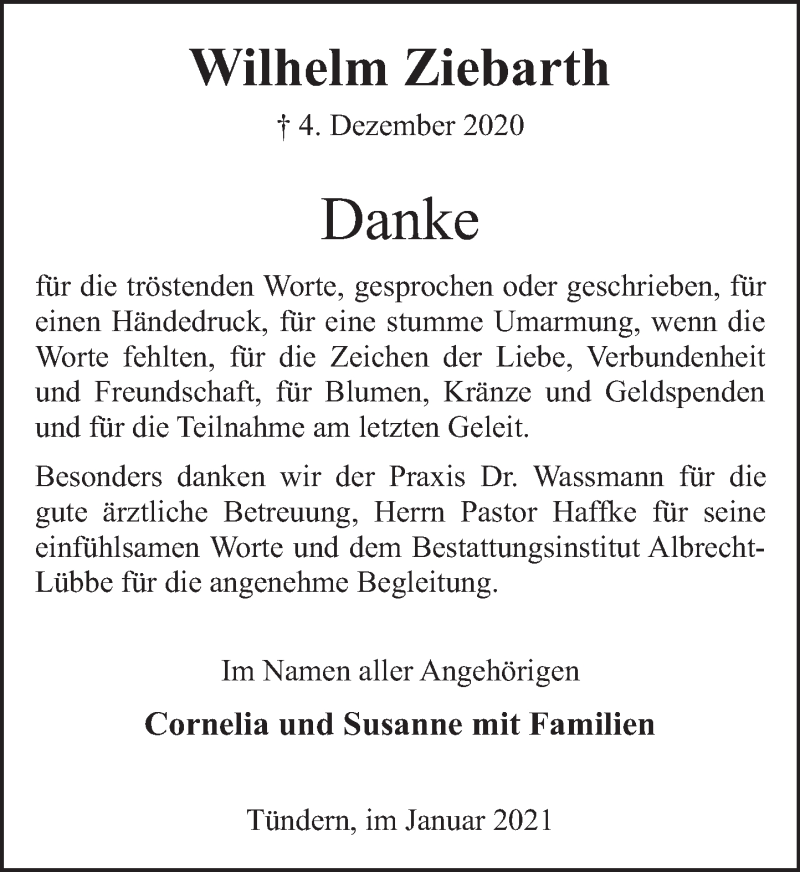  Traueranzeige für Wilhelm Ziebarth vom 02.01.2021 aus Deister- und Weserzeitung