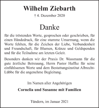 Traueranzeige von Wilhelm Ziebarth von Deister- und Weserzeitung