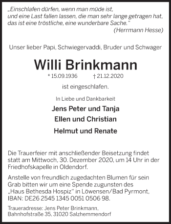 Traueranzeige von Willi Brinkmann von Deister- und Weserzeitung