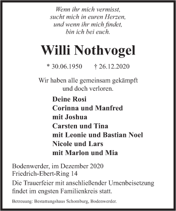 Traueranzeige von Willi Nothvogel von Deister- und Weserzeitung