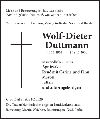 Traueranzeige von Wolf-Dieter Duttmann von Deister- und Weserzeitung