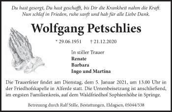 Traueranzeige von Wolfgang Petschlies von Neue Deister-Zeitung