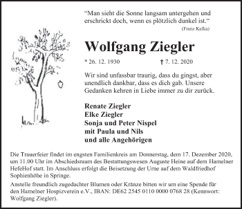 Traueranzeige von Wolfgang Ziegler von Deister- und Weserzeitung