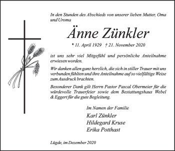 Traueranzeige von Änne Zünkler von Deister- und Weserzeitung