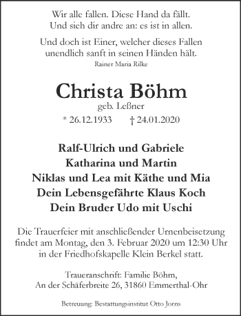 Traueranzeige von Christa Böhm von Deister- und Weserzeitung