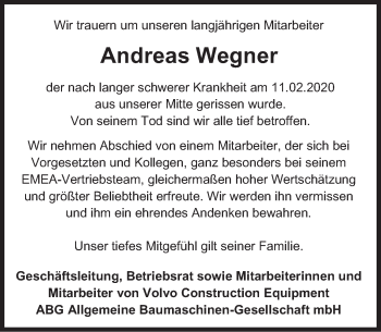 Traueranzeige von Andreas Wegner von Deister- und Weserzeitung
