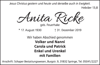 Traueranzeige von Anita Ricke 