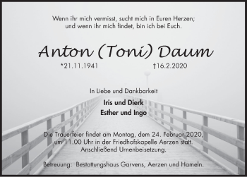 Traueranzeige von Anton Daum von Deister- und Weserzeitung