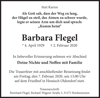 Traueranzeige von Barbara Flegel von Deister- und Weserzeitung